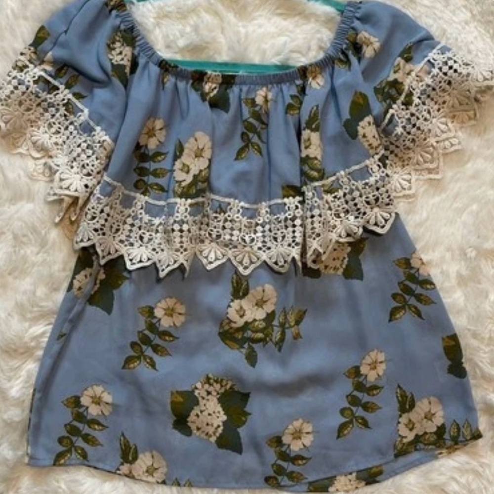 Say What?‎ Cold Shoulder Floral Lace Trim Top Off‑Shoulder Boho Blouse Size M - Picture 5 of 10